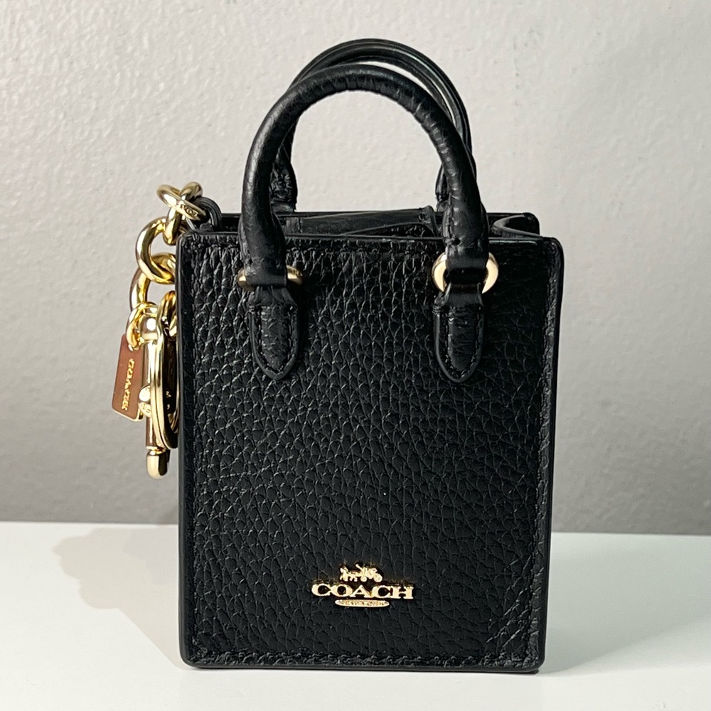Coach Pebbled Leather North/South Mini Tote Bag Charm, Black/Gold. NWOT
